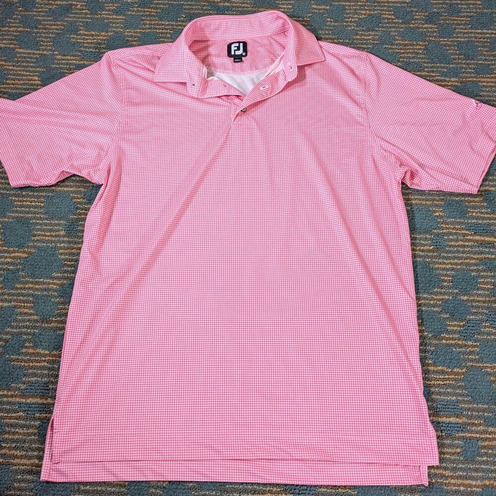 Footjoy Polo Shirt Mens M Pink Houndstooth Golf Performance‎ Outdoor FJ Logo